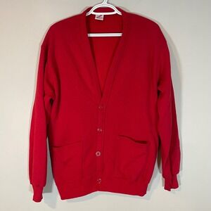 Vintage 90s‎ Jerzees Red Cardigan Sweatshirt USA One Size Fleece 4 Button